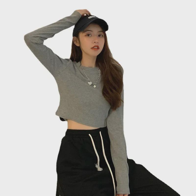 Korean Style Women’s Long-Sleeve White Crop Top T-Shirt, Slim Fit, Perfect for Spring and Autumn Trends