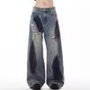 Mens Relaxed Wide Leg Denim Pants With Fringe Patchwork Design Vintage Streetwear Style