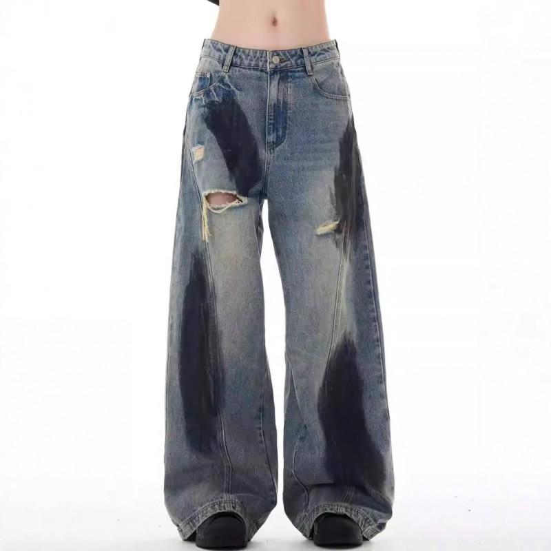 Mens Relaxed Wide Leg Denim Pants With Fringe Patchwork Design Vintage Streetwear Style