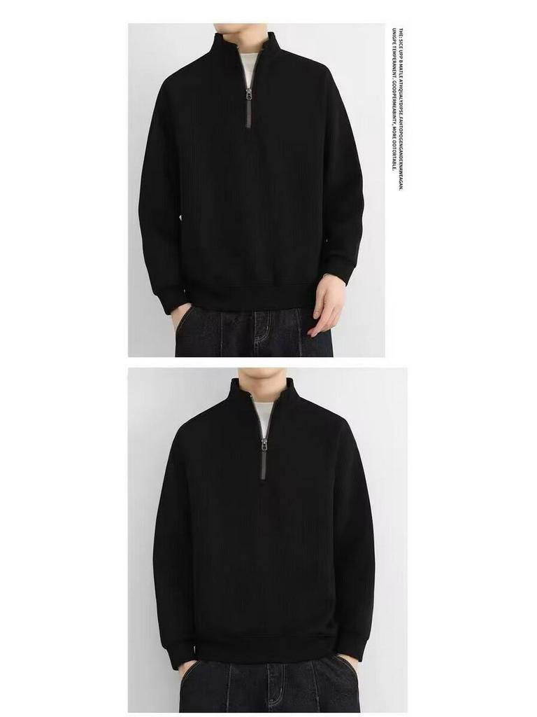 Men's American Style Half-Zip Stand Collar Knit Sweatshirt - Solid Color Casual Jacket for Spring and Autumn