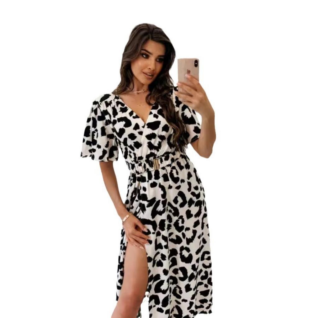 Summer New Leopard Print V-ne Long Sleeve Belted Dress for Women European and American Style