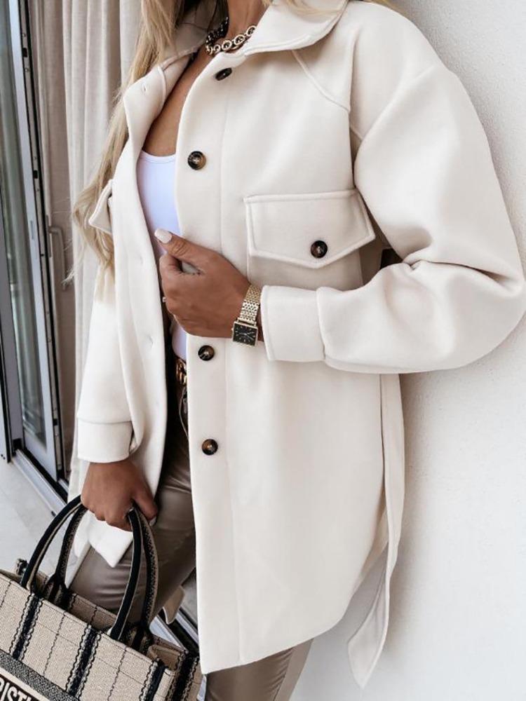 Women Winter Wool Coat with Lace Trim Long Sleeve Solid Color Autumn Fashion