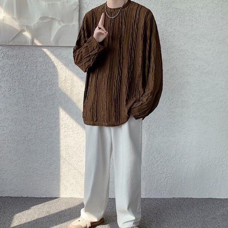 Pleated Long-sleeved T-shirt Men's Temperament Ins Trend Drape Loose Casual Round Neck Early Spring Top