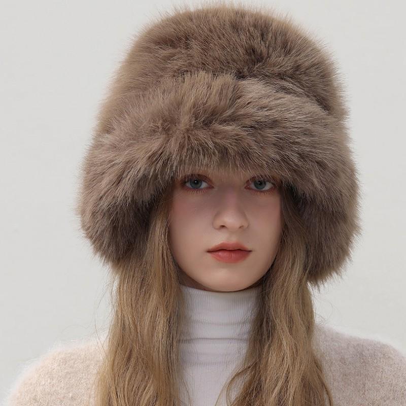 Womens Faux Fox Fur Winter Warm Hat With Wide Brim Ear Protection Solid Color Plush Cap In Multiple Shades