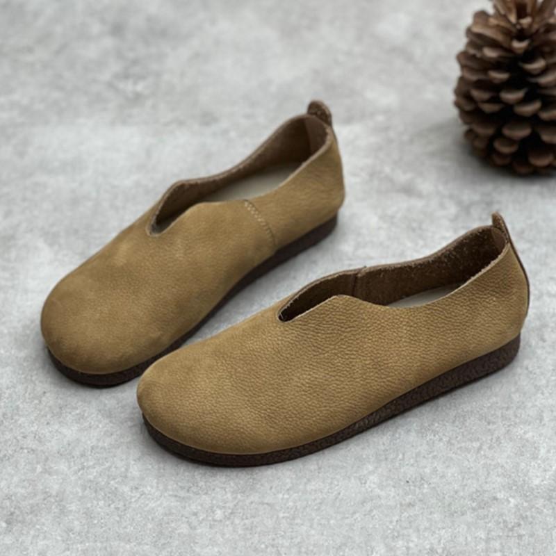 Johnature Genuine Leather Solid Color Women Flats Shoes Concise Retro Handmade Round Toe Shallow Slip-on Shoes
