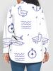 Plus size women's long-sleeved shirt ocean style printed loose printed shirt seagull shell style mid-length long sleeve lapel shirt for women