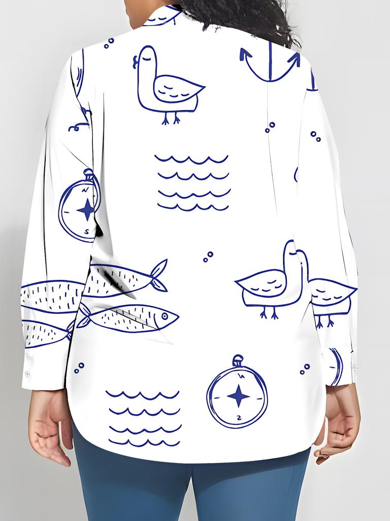 Plus size women's long-sleeved shirt ocean style printed loose printed shirt seagull shell style mid-length long sleeve lapel shirt for women