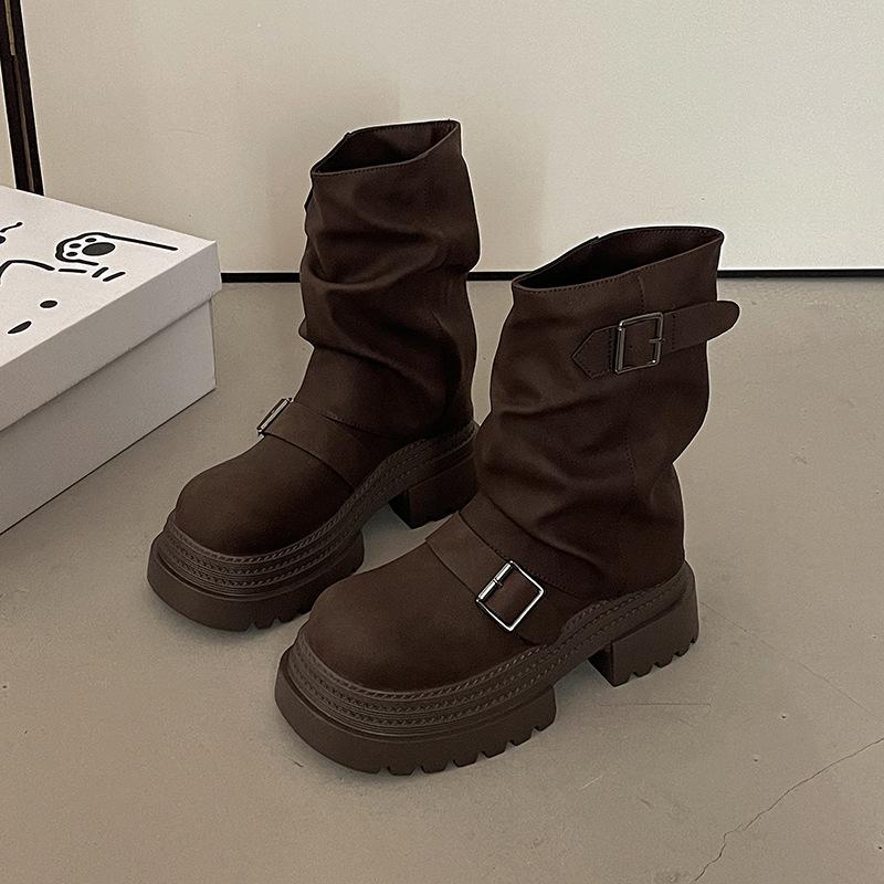 Vintage British style belt buckle thick-soled Martin boots women's 2025 autumn and winter new thin pile short boots fashion boots