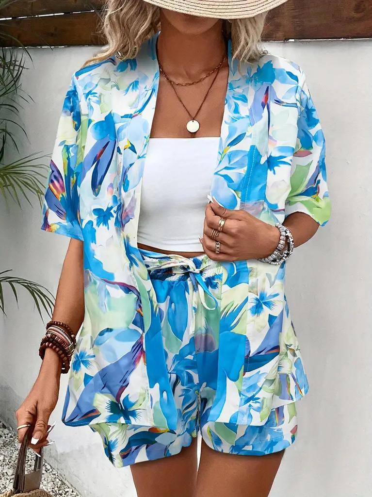 Summer popular printing elegant two-piece shirt short-sleeved top strap-up high-waisted shorts vacation style