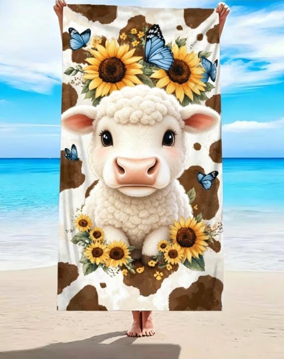 Hochlandkuh Strandtuch, Mikrofaser Groß Sandfrei Schnelltrocknend, Sonnenblume Schmetterling Bauernhoftier Design, Weich Saugfähig