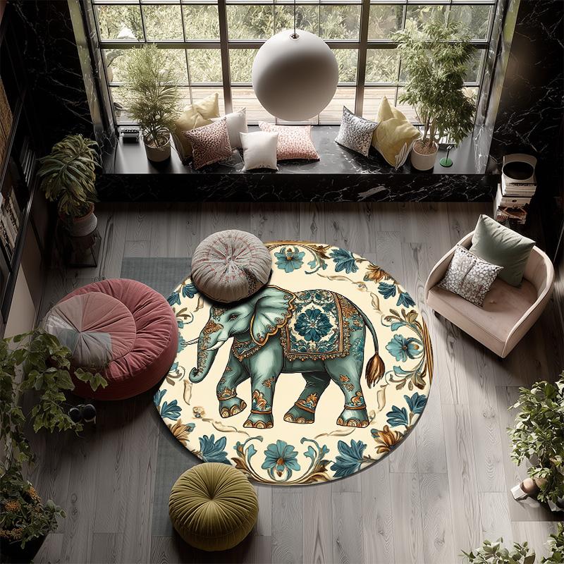 Vintage Elephant,Round Area Rug,Carpet Rug for Living Room Bedroom Sofa Playroom Decor,Non-slip Floor Mat