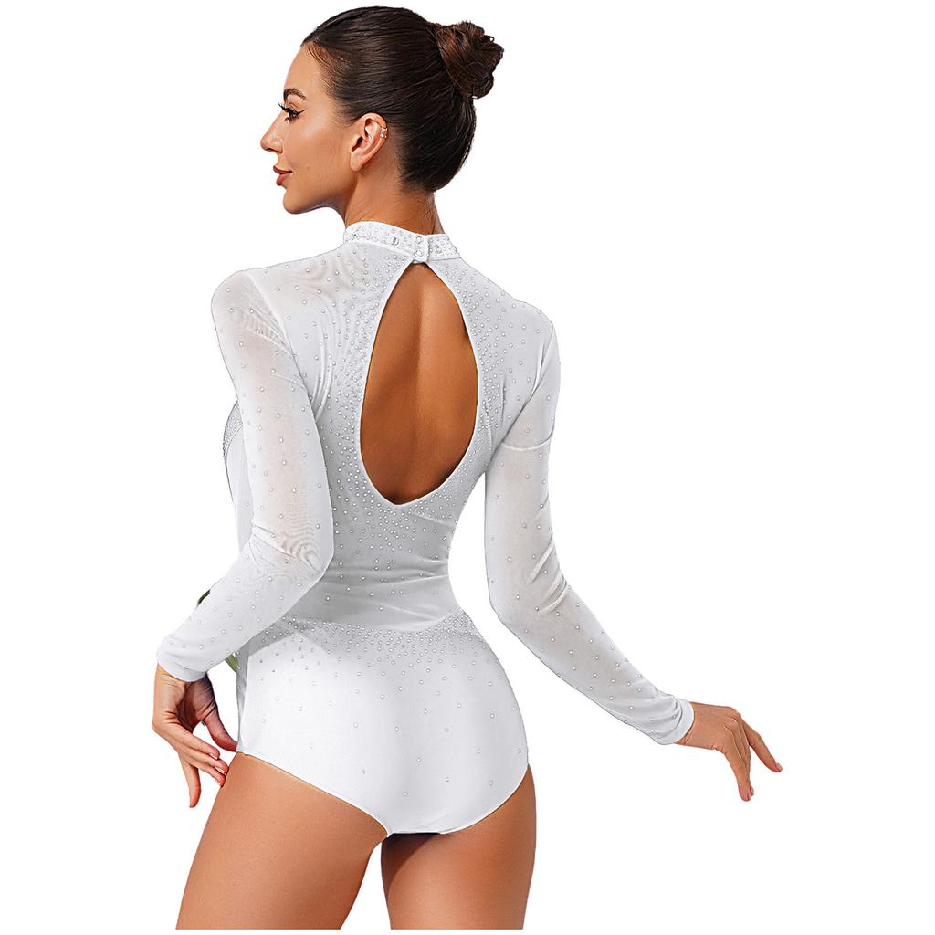 Dame Gymnastikk Kunstløp Drakter Langermet Gjennomsiktig Mesh Glitrende Rhinestone Bodysuit