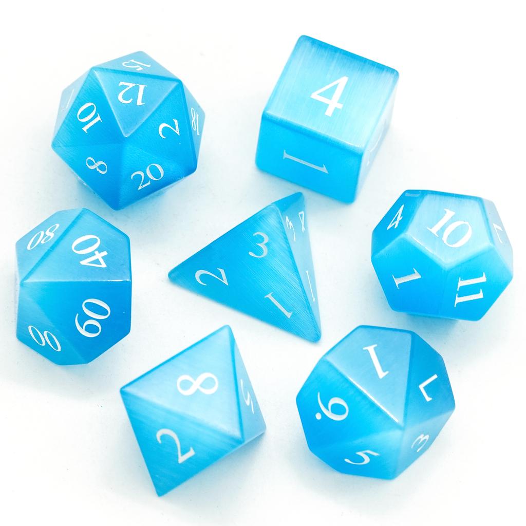Cusdie Cat's Eye Stone DND Dice Handmade D4-D20 Polyhedral Gemstone Dice Set with Leather Box for Tabletop RPG Collection