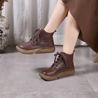 Leather Women's Soft-soled and Soft-top Retro Casual Shoes, Lace-up Plus-size Ankle Boots