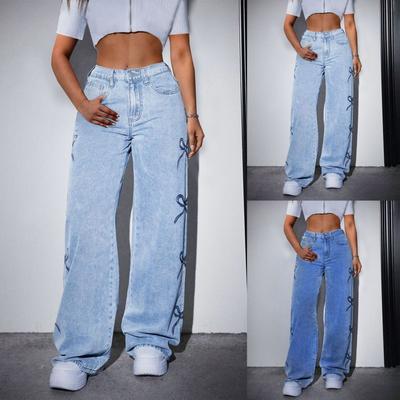 Printed Butterfly High Waist Loose Straight Leg Denim Pants Street Style Casual Jeans