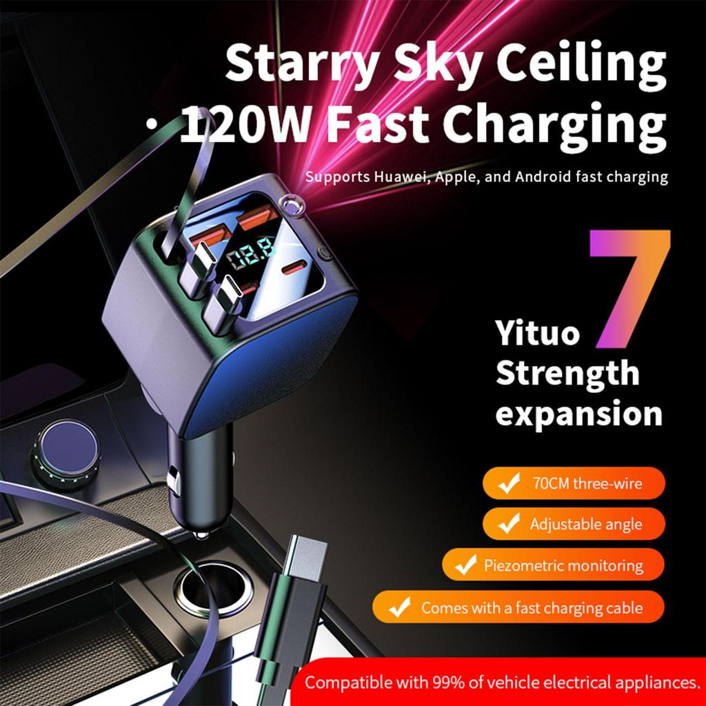 Car Charger Retractable Cord 2 USB Ports Fast Charging Auto Supplies With Starlight Car Charger USB For Daily Commute Adventure