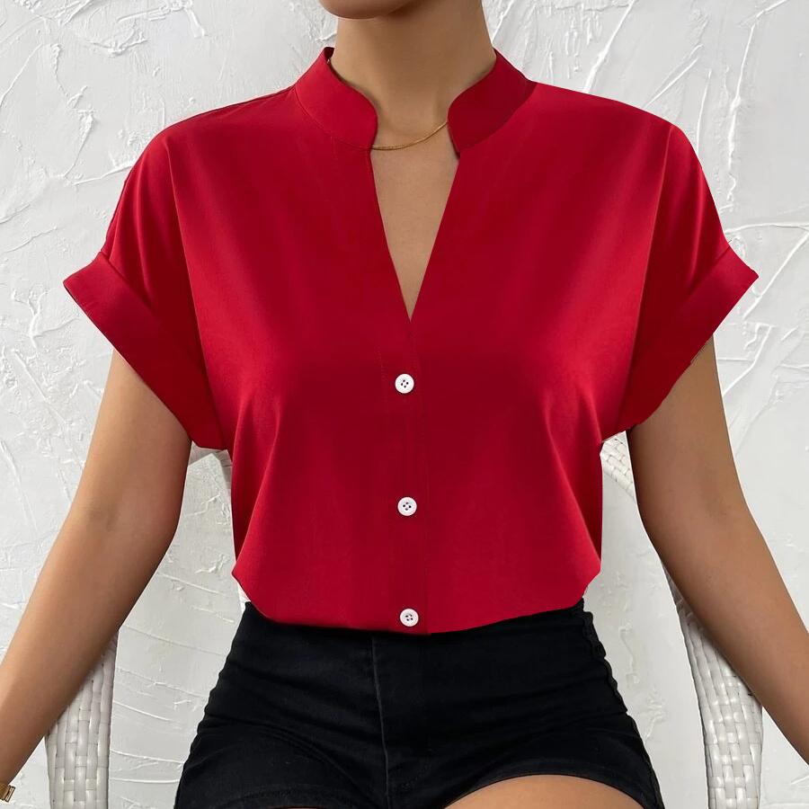 YYFS Women's Fashion Casual Summer Solid Color Print Short Sleeve V-Neck Blouses & Shirts