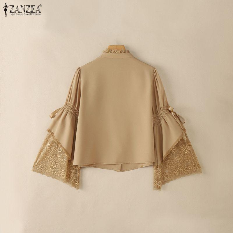 ZANZEA Women Casual Round Neck Loose Lace Splice Long Sleeve Blouse