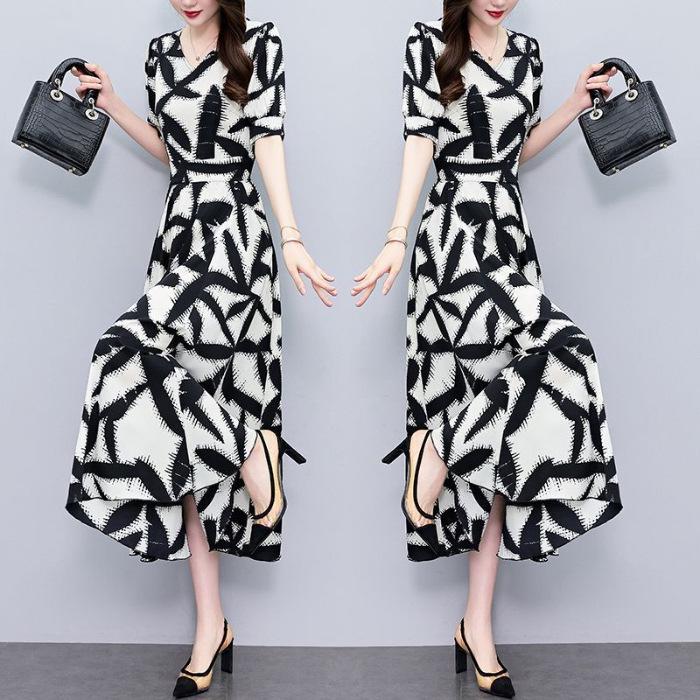 Plus Size Slimming Waist-cinching Polyester Dress for Middle-aged Mothers