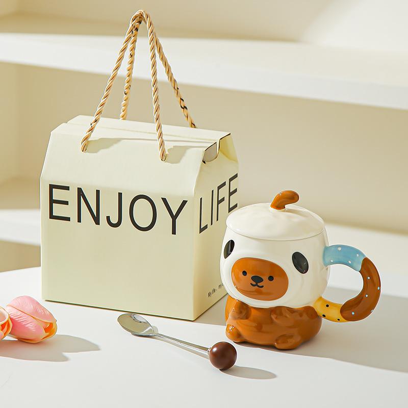 Cute cute cartoon piggy ceramic mug with lid for girls' birthday girlfriends practical souvenir gift box