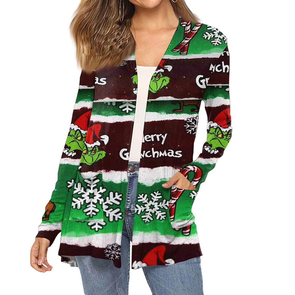 Dámský módní vánoční potisk dlouhý rukáv kapsy slim fit kardigan kabát