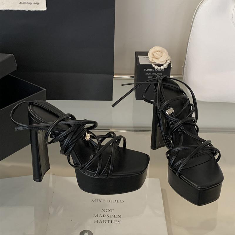 

15cm Ultra High heels Platform Wedges Women Gladiator Sandals Sexy Narrow band Ankle Strap Nightclub Party Chunky Shoes 35 чёрный