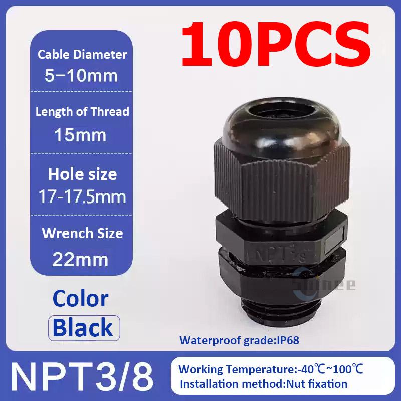 10Pcs Waterproof Cable Gland NPT 1/4 NPT 1/2 NPT 3/8 American Nylon Cable Joint Black Flame-retardant 4-25mm Wire Connector IP68