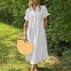Striped Lapel Button Down Shirt Dress with Pockets Summer Casual Short Sleeve A-line Long
