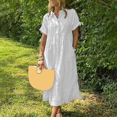 Striped Lapel Button Down Shirt Dress with Pockets Summer Casual Short Sleeve A-line Long Shift Beach Dress for Women