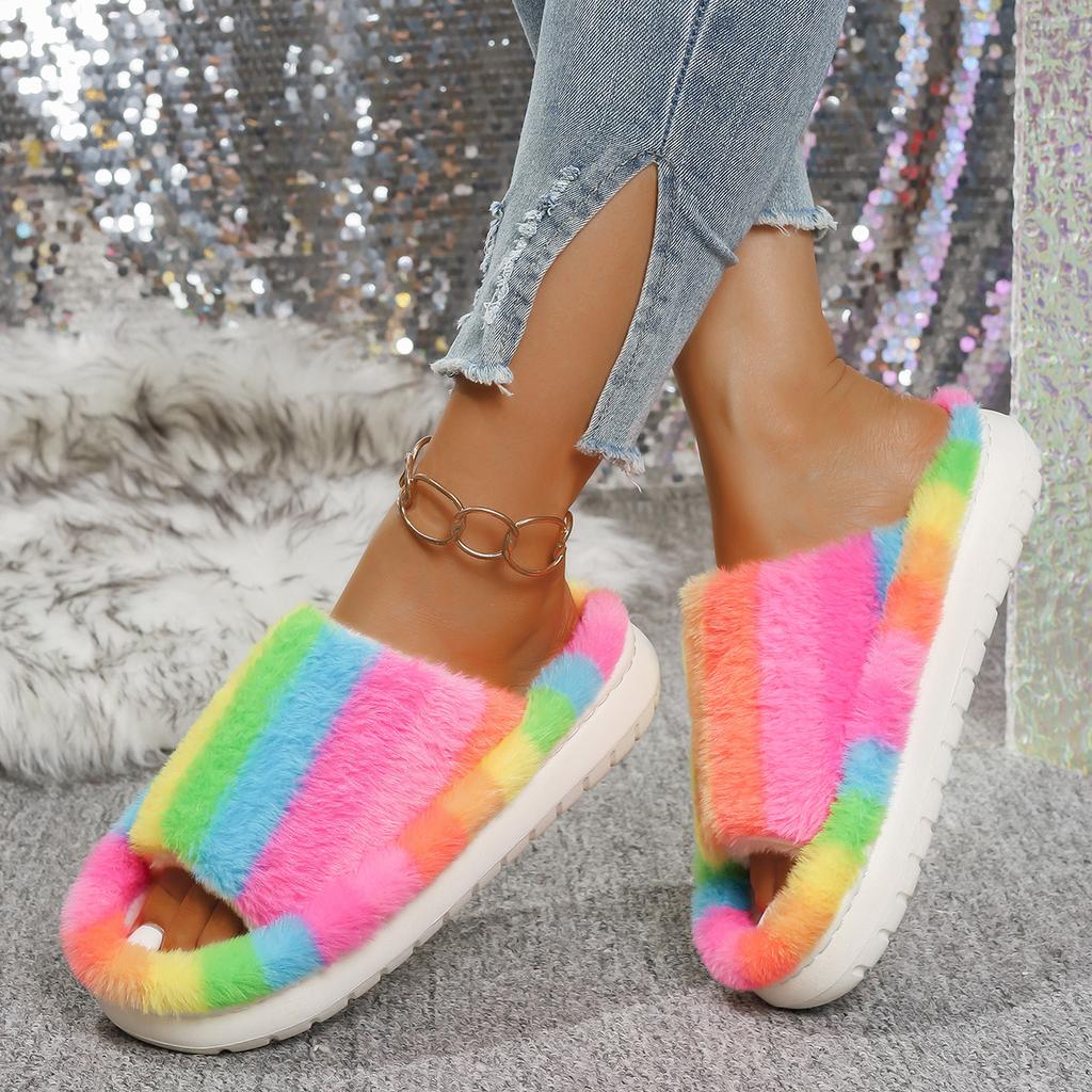 Fashion 2025 New Women Slippers Lightweight Indoor Slides Women Open Toe Flat Heel Warm House Shoes Fashion Mix Color Fur Slippers Women
