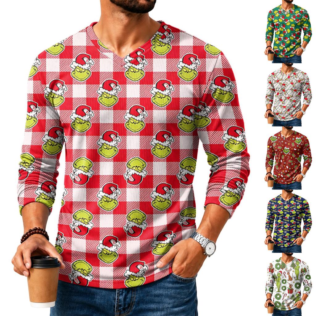 Men's Casual Christmas V-Neck T-Shirt Comfortable Loose Fit Street Printed Top