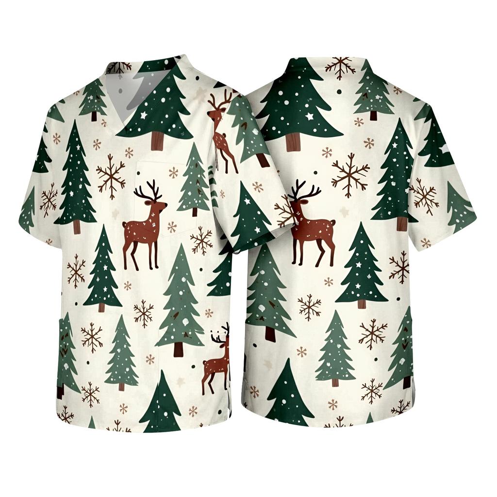 Men's Christmas Theme Caregiver Uniform, Holiday Scrub Top for Nurses and Workers