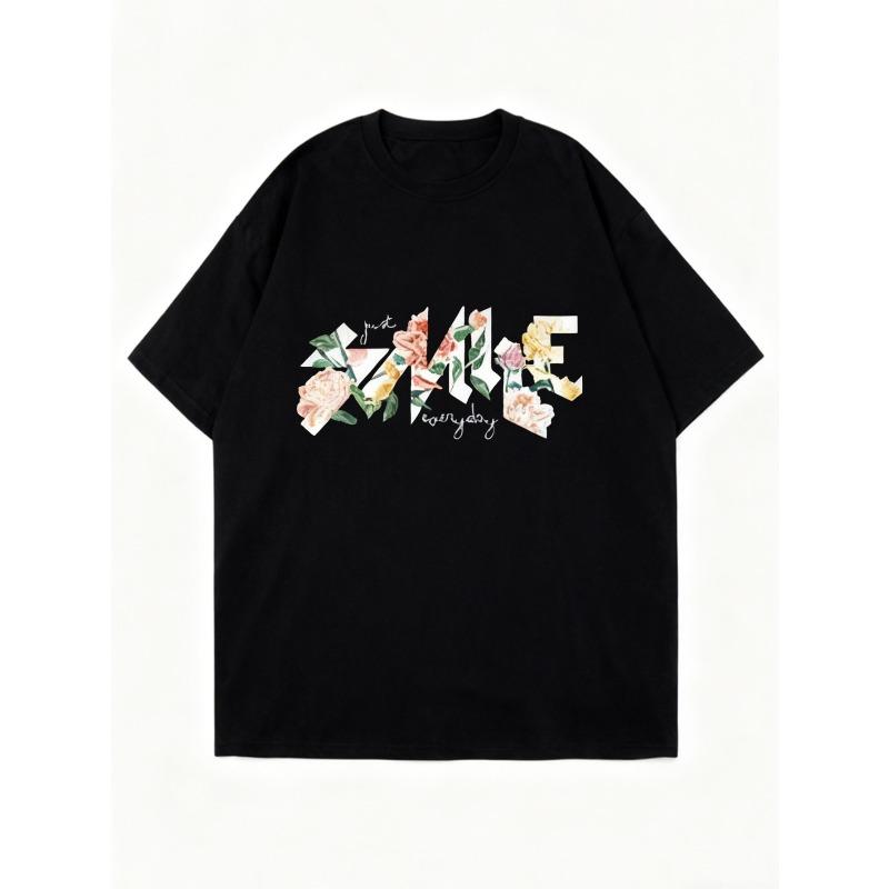 Oversized T Shirt Black Floral Print Just Smile Everyday Graphic Tee Casual Loose Fit Women Fashion Top Streetwear Summer Wear