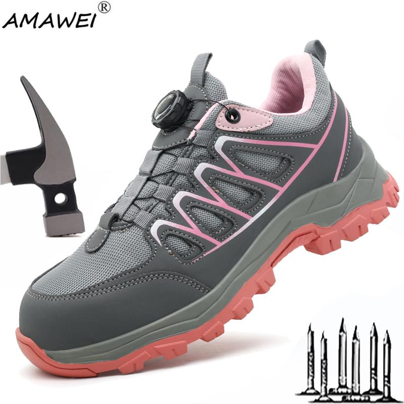 Rotary Buckle Women Work Sneakers Protective Shoes Lightweight Safety Shoes Puncture-proof Anti-smash Steel Toe Shoes Work Boots