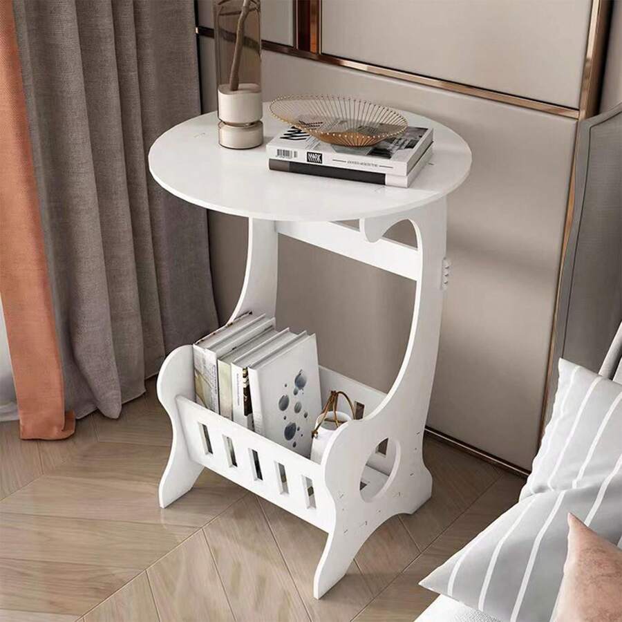 Tavolino Rotondo Bianco in Legno con Mensola Portaoggetti - Elegante Mini Comodino per Soggiorno, Piccolo Tavolino da Caffè Multifunzionale