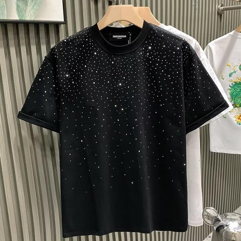Sommer Herreklær Sommer Rhinestone Nagle T-skjorte Rund Hals Casual T-skjorte Koreansk Versjon Herre Kortermet Tee