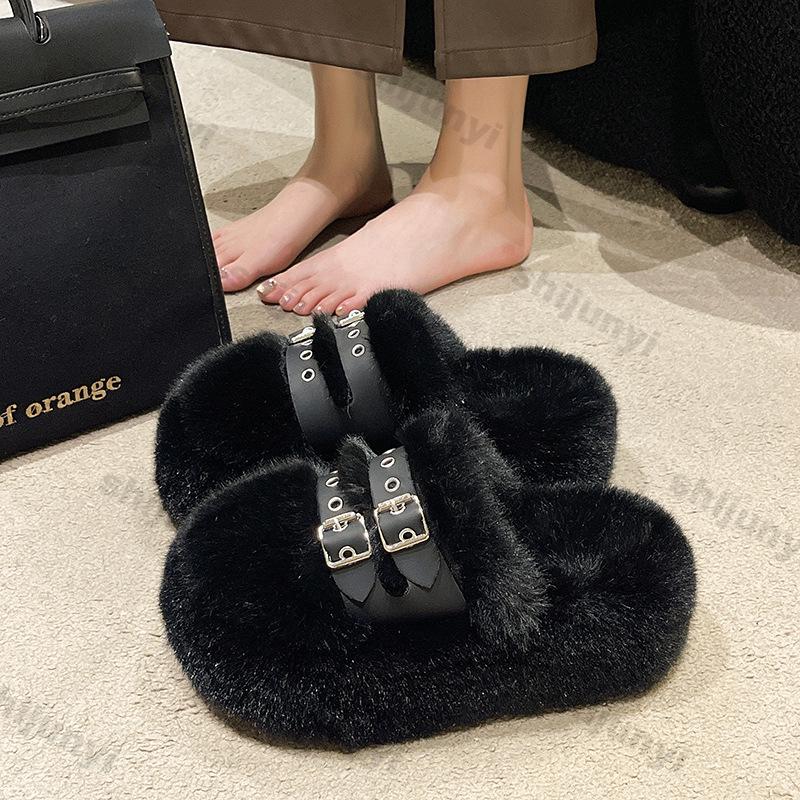 Fashion Women Furry Belt Buckle Slippers Winter Fashion Thick Sole Flats Ladies Casual Slip on Bedroom Slides Soft Outdoor Half Slippers