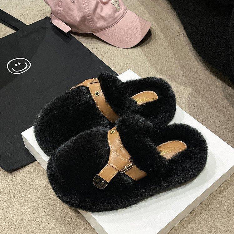 Internet celebrity baotou half slippers women's outer wear 2025 spring and autumn new heightened thick-soled fluffy shoes home warm cotton mop