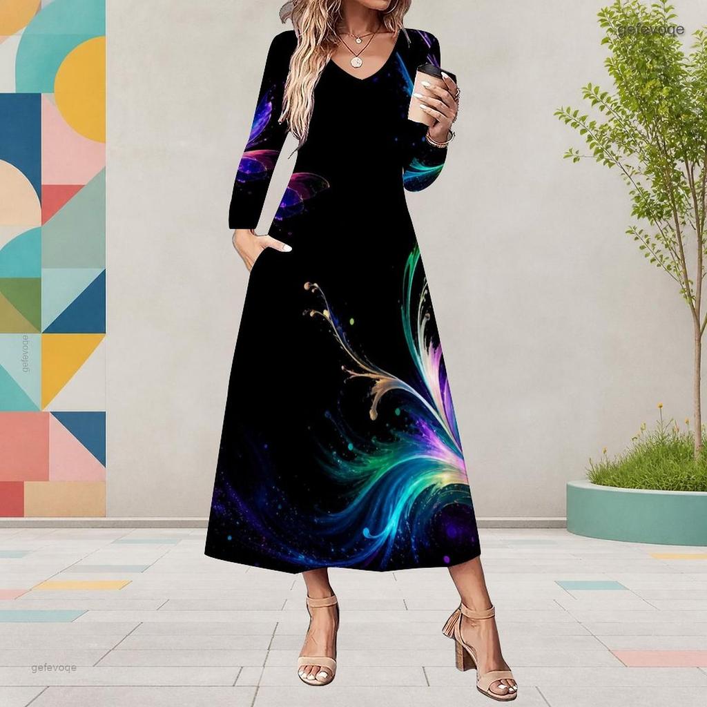 Women Plus Size V Neck Long Sleeve Black Multicolor Printed A Line Midi Dress With Pockets