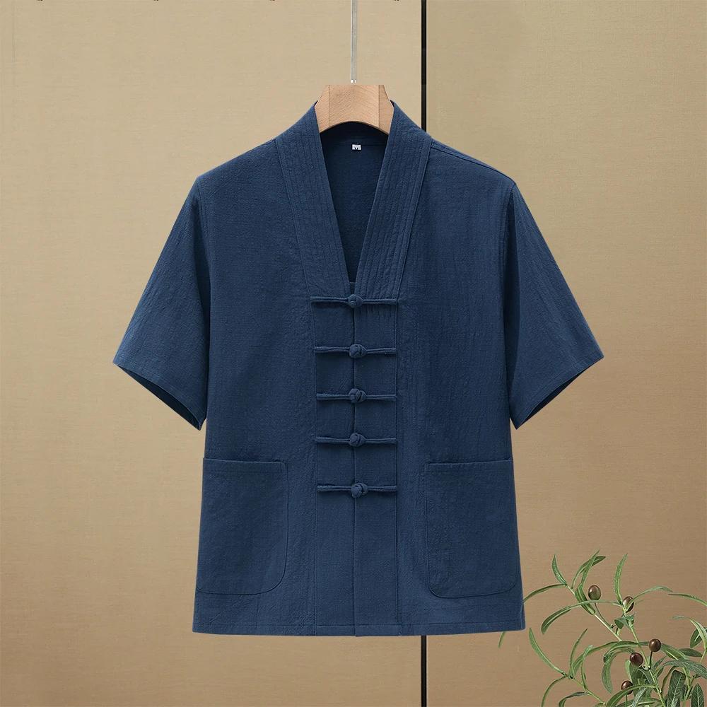 Men New Chinese Style Shirt Summer Cotton Linen Shirts Short Sleeve Stand Collar Frog Button Hanfu Traditional Casual Blouse