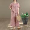 2026 Summer Retro Ethnic Cotton Linen Short Sleeve Top + Wide Leg Pants Set