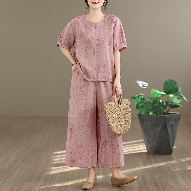2026 Summer Retro Ethnic Cotton Linen Short Sleeve Top + Wide Leg Pants Set