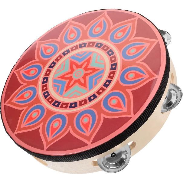 8 Inch Wooden Tambourine - Hand Held Musical Instrument with Stainless Steel Jingles, Multi-Color Design for Dance, Performance, Wedding, and Parties