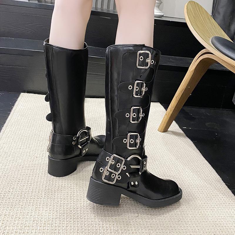 Autumn and Winter New Knight Boots Children Thick Heel Round Head Belt Buckle Medium Leather Boots Fashionable Retro Brown Denim Boots