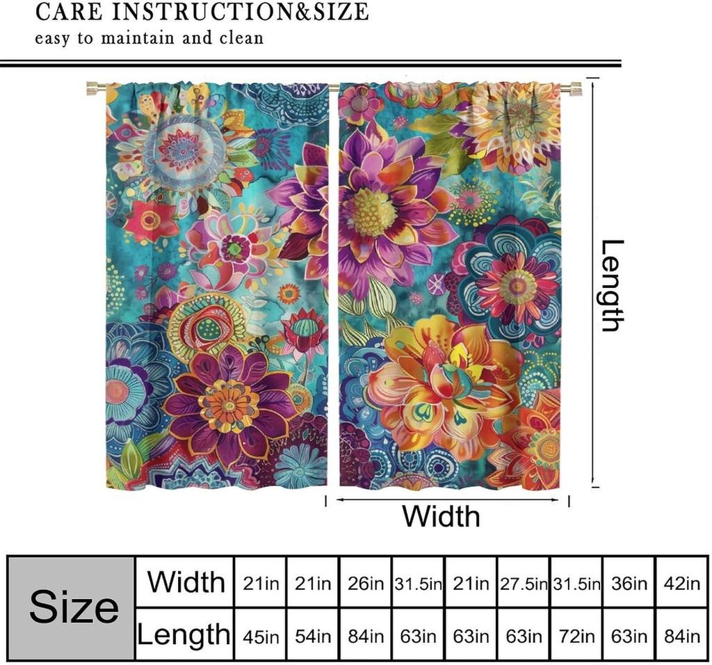 Bohemian Boho Floral Curtains Vintage Abstract Oil Painting Colourful Art Medieval Hippy Plant Flower Window Treatments Drapes Made Of Polyester