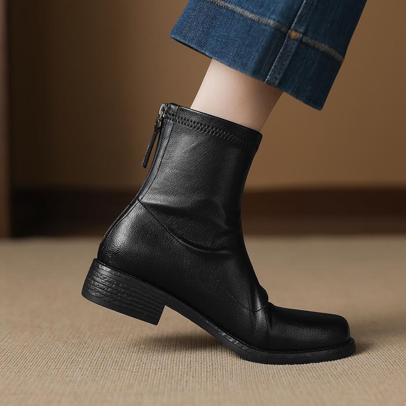 Fashion Women's New Leather Round Toe Autumn and Winter Mid Heel and Calf Back Zipper Retro Comfortable Elastic Short Boots