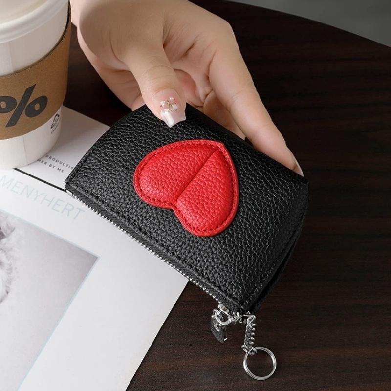 Color-Blocked Heart-Shaped Keychain Wallet Pu Mini Coin Purse For Women