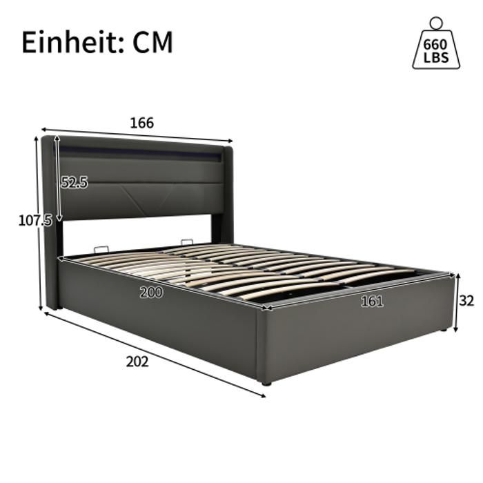 Hydraulisches Bett mit Stauraum - MUVOE - 160x200 cm - LED-Kopfteil - Weißes Leder - 2 Personen