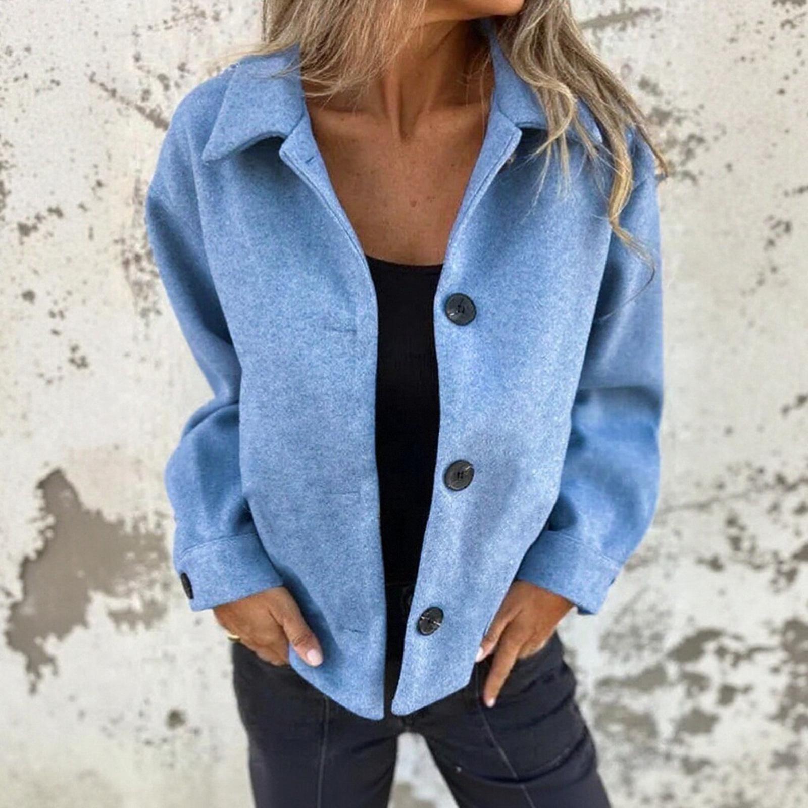 

Женская модная повседневная однотонная шерстяная куртка с длинным рукавом XL небесно-голубой