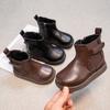 Girls Fashion Boots Solid Color Kids Short Leather Boot Non-slip Round-toe Children Winter Warm Boots Casual Side Zipper
